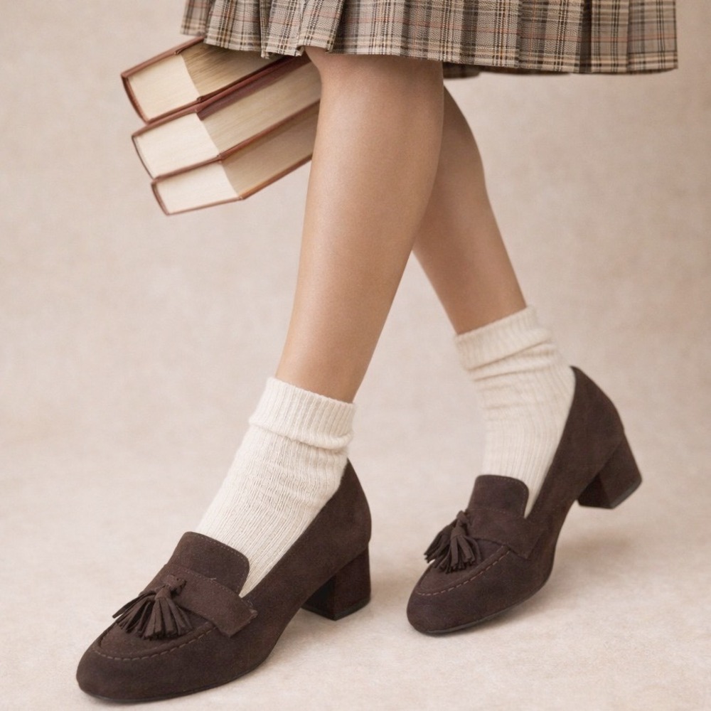 Rag & Co Tassel Block Heel Loafers‎ Women Size 7 Round Toe Preppy Brown Suede